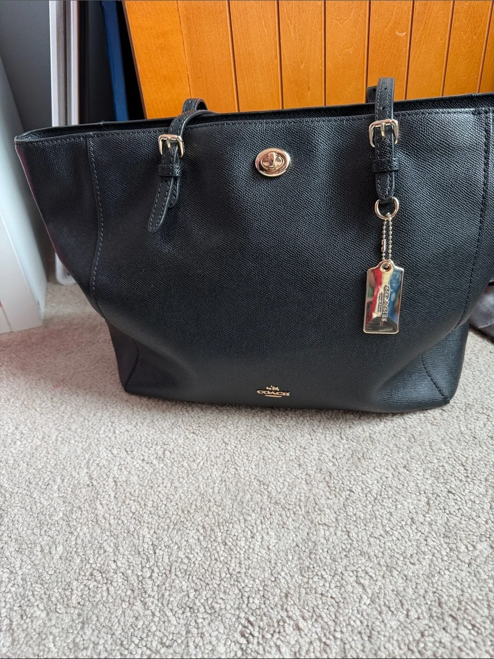 Coach Black Leather Tote with Gold-Tone Tag and Turnlock